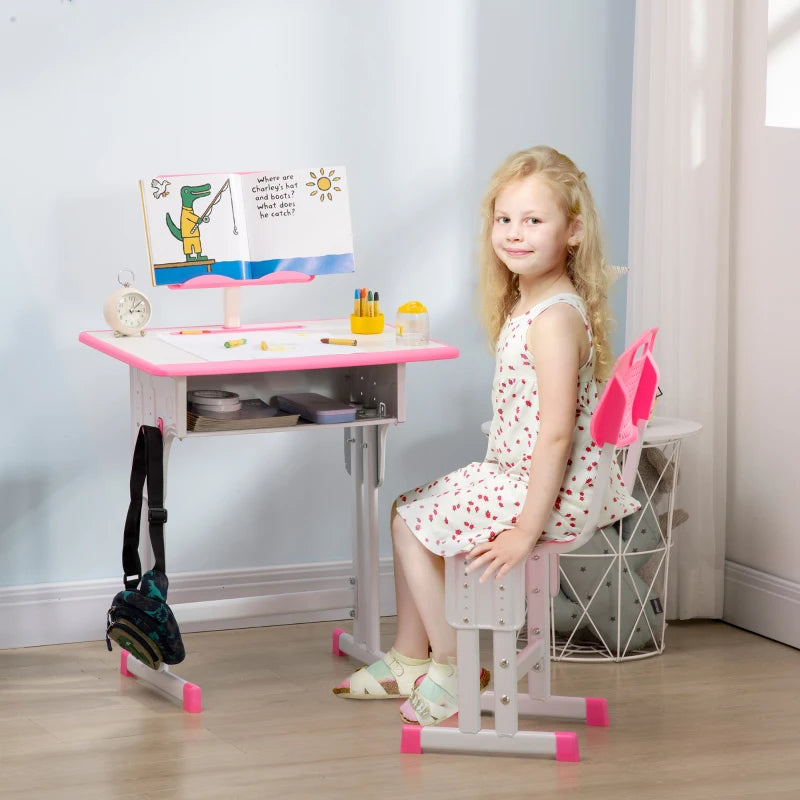 Kids Adjustable Desk and Chair Set with Book Stand and Pen Slot - Stylish Pink Study Furniture for Children