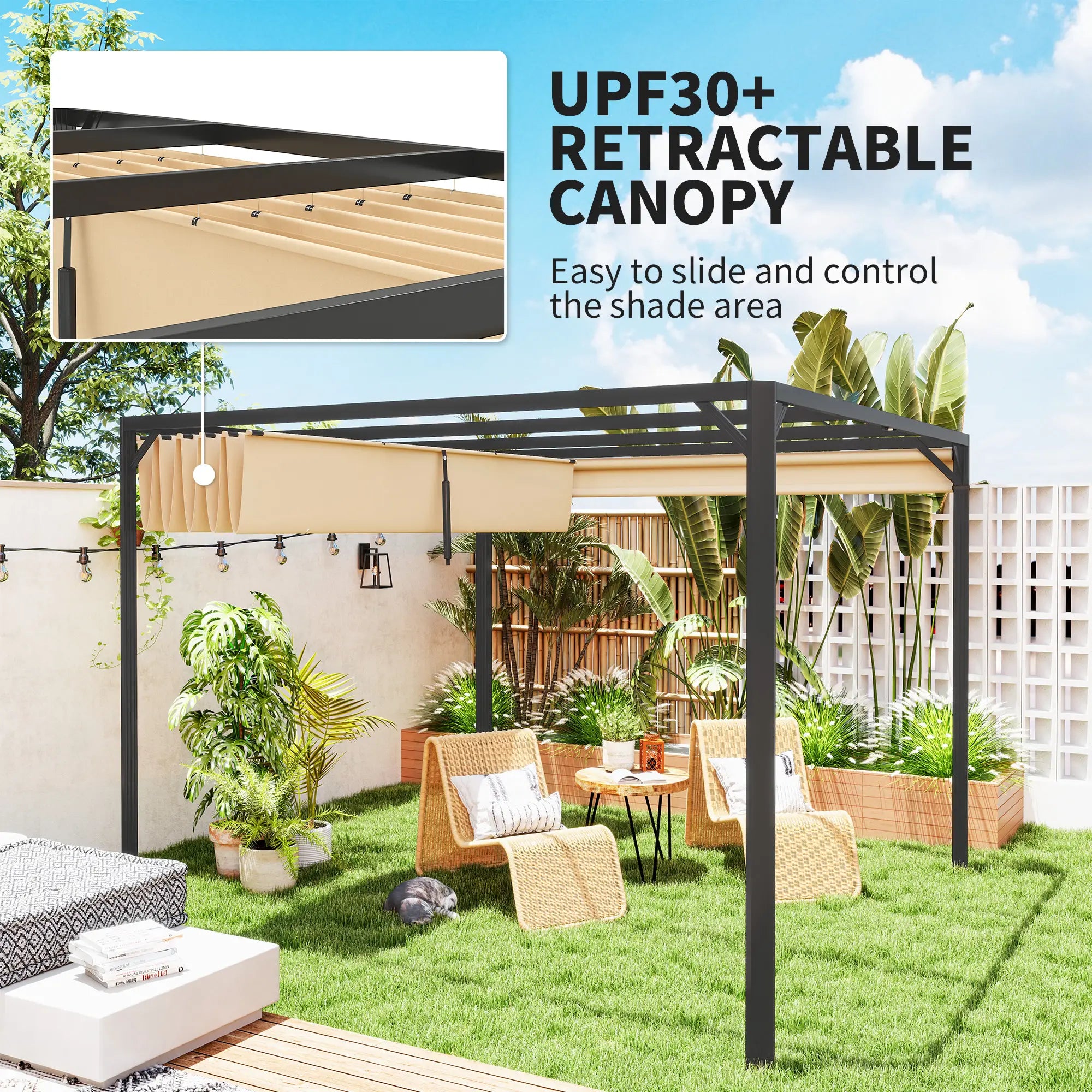 3m x 3m Aluminium Pergola With Retractable Roof and Wall - Khaki