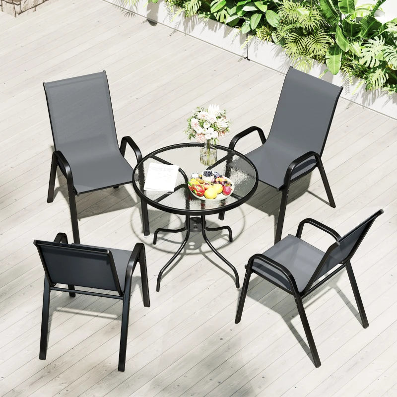 5-Piece Dark Grey Steel Patio Set with Glass-Top Table