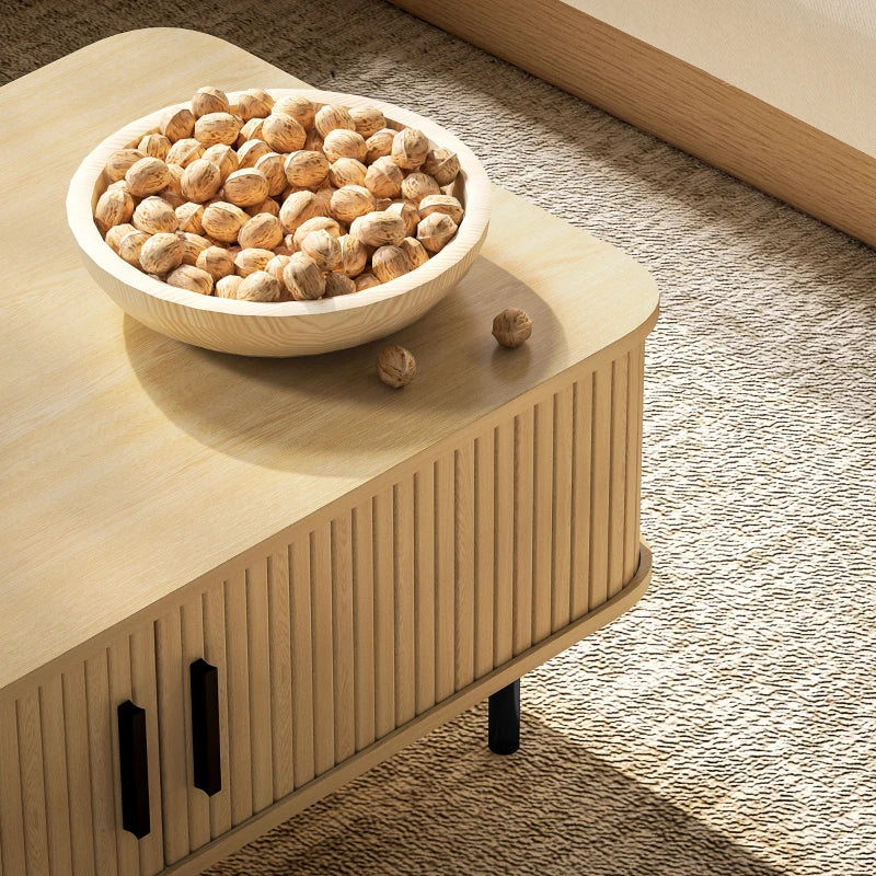 Modern Oak Coffee Table with Storage and Sliding Doors for Living Room