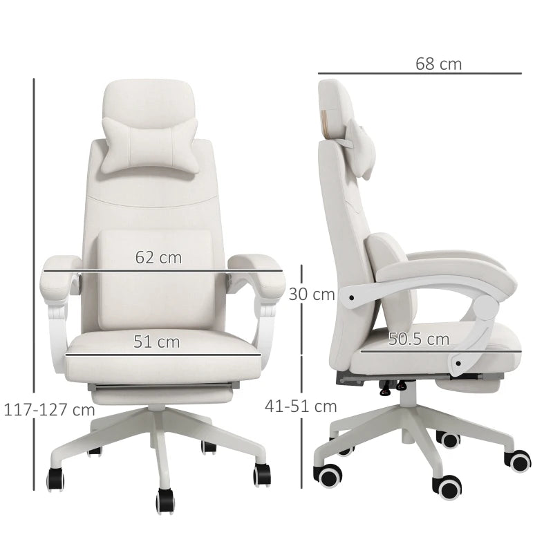 Vinsetto White Linen-Look Office Chair with 160° Reclining Back and Footrest - Ergonomic Comfort for Home & Office