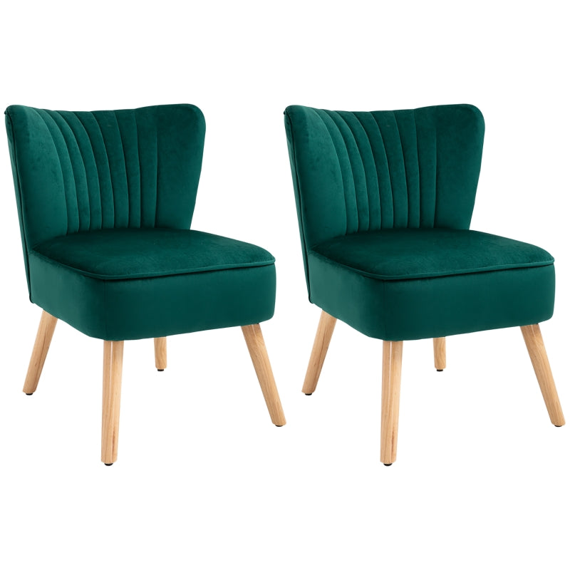 Velvet Accent Chairs with Curved Back and Wooden Legs - Set of 2 in Green for Home Decor