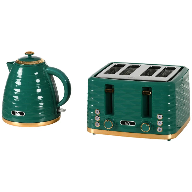 3000W 1.7L Rapid Boil Kettle & 4 Slice Toaster Set - Green, 7 Browning Controls, Crumb Tray, Kitchen Essentials