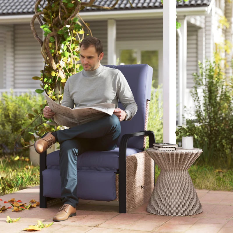 140° Reclining Rattan Armchair - Comfortable Brown and Blue Outdoor Lounge Chair