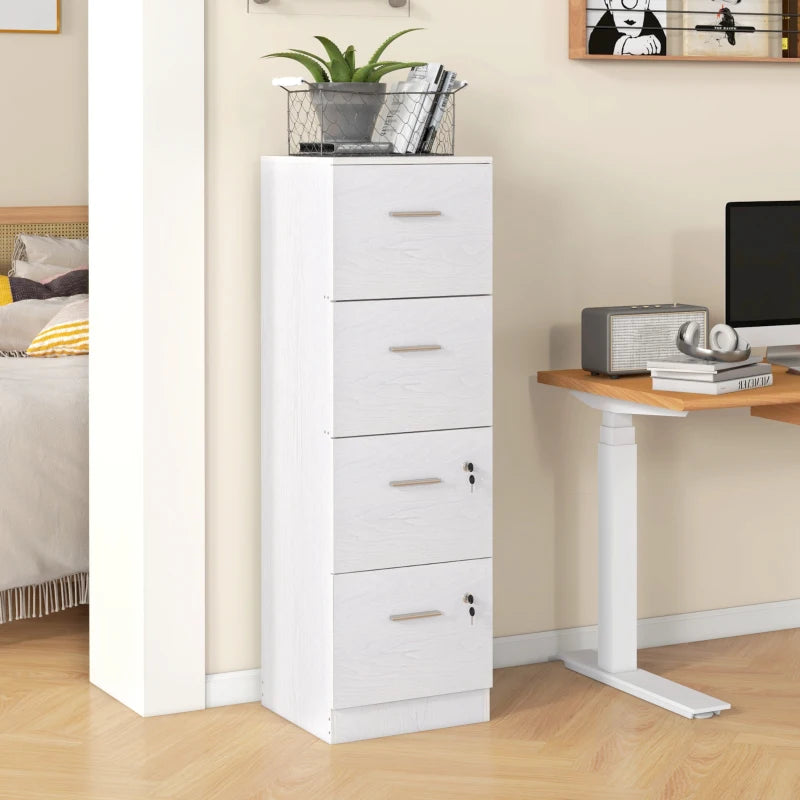 Stylish White Wood Effect Four-Drawer Lockable Filing Cabinet for Secure Document Storage - Ideal for Home or Office
