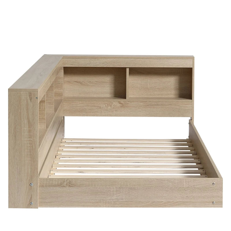 3FT Single Bed Frame with Storage Durable MDF Plywood Wooden Design for Adults Teens White Oak