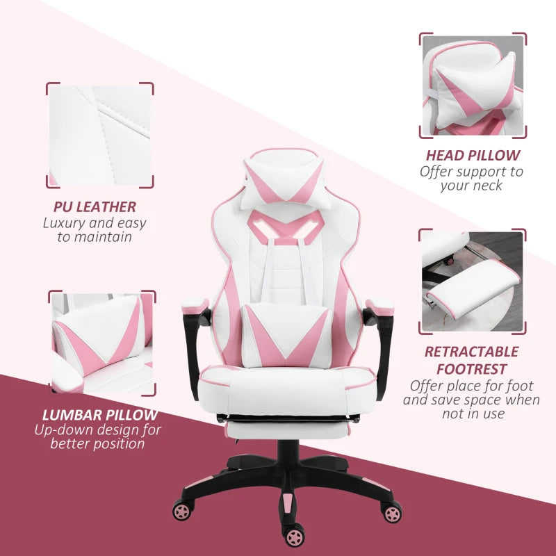 Vinsetto Pink Gaming Chair - Ergonomic Racing Desk Chair with Lumbar Support, Footrest, Headrest & Swivel Wheels for Home
