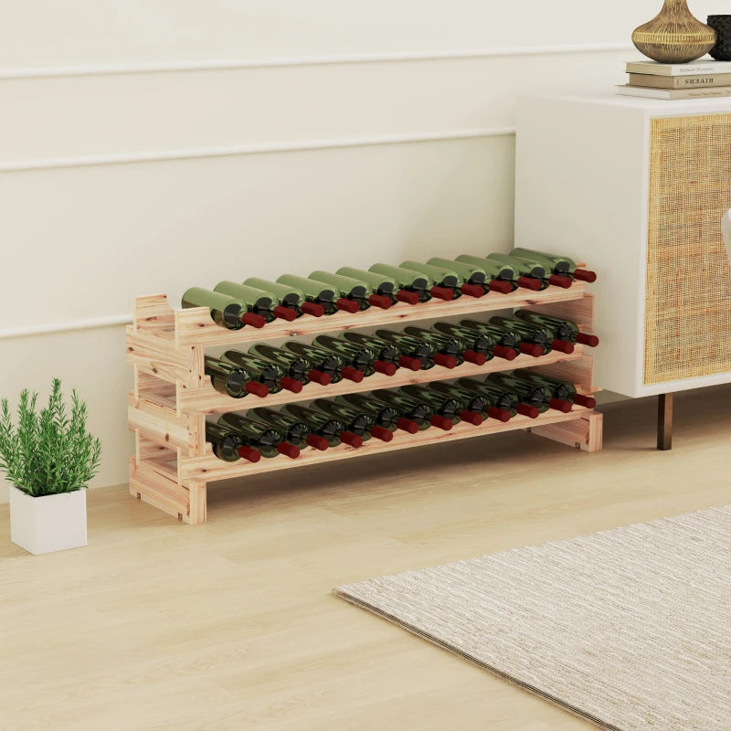 Elegant Three-Tier Wooden Wine Rack for 36 Bottles - Natural Finish, Perfect for Home or Wine Cellar Storage
