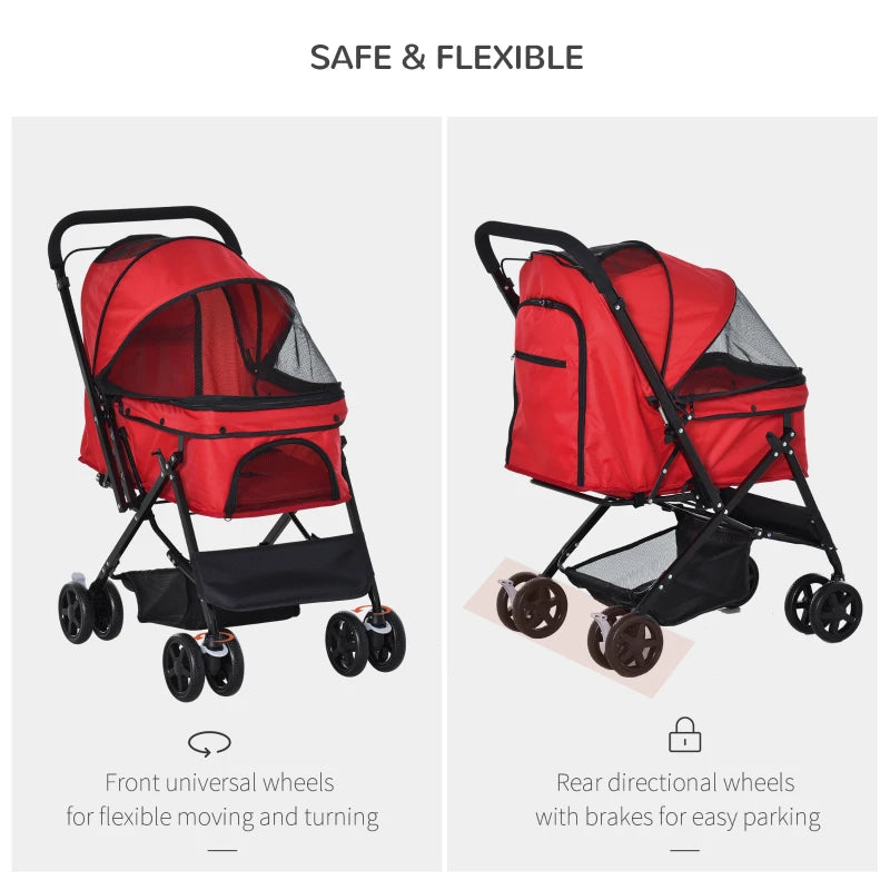 Foldable Pet Stroller for Dogs & Cats - Travel Pushchair with Reversible Handle, Brake & Storage Basket