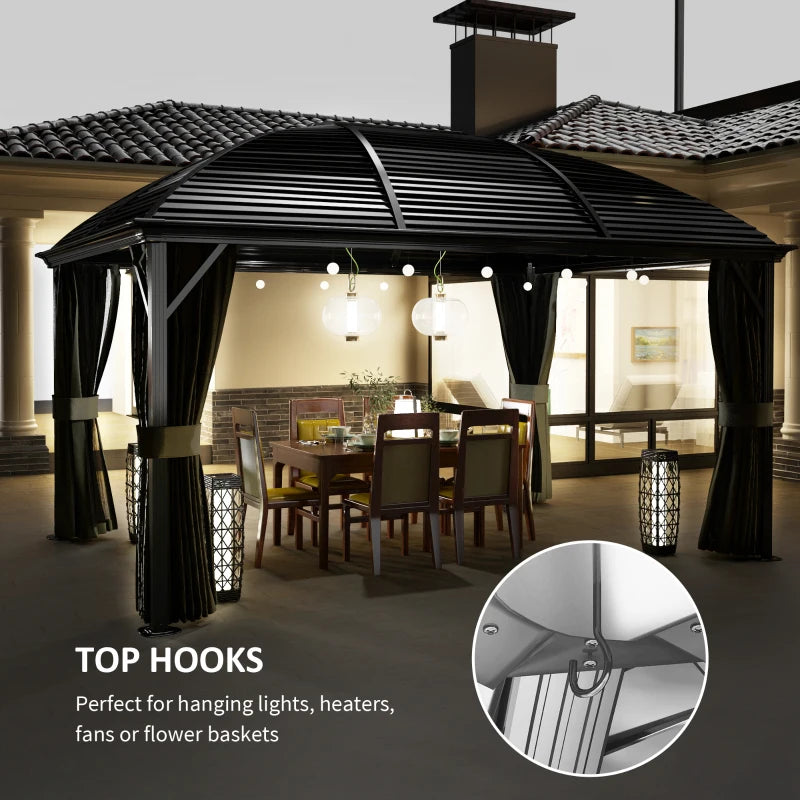 3m x 4m Hardtop Gazebo Canopy - Dark Grey Aluminium Pavilion with Metal Roof, Netting & Curtains
