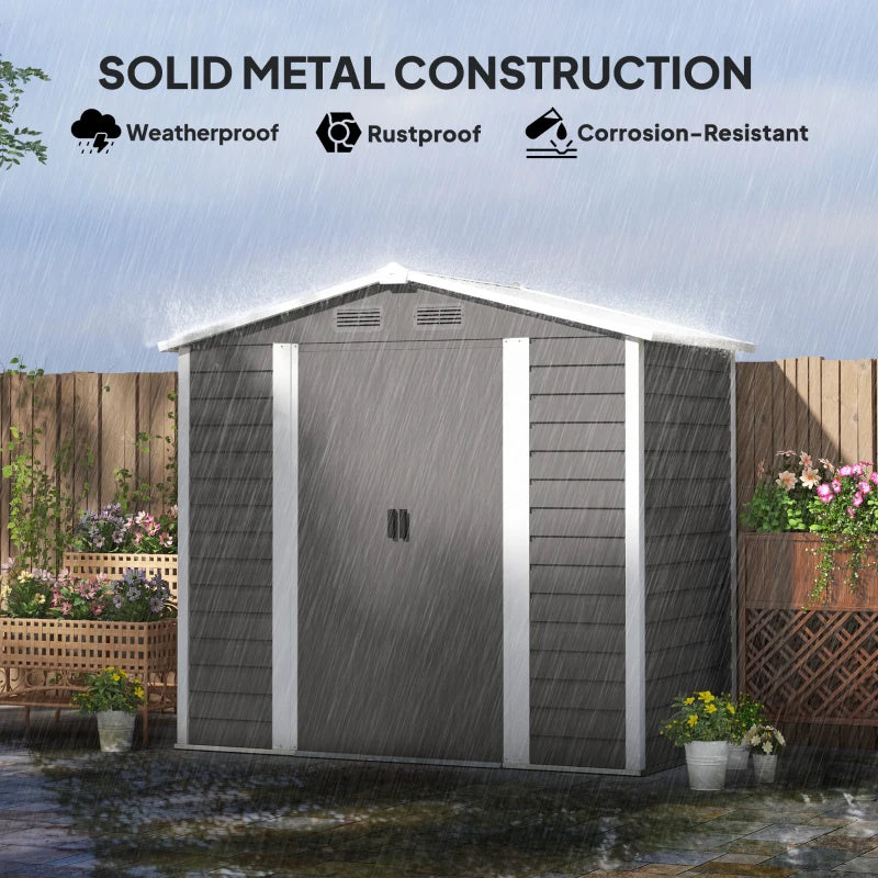 7x4ft Metal Garden Shed - Easy Assembly, Galvanised Steel, Double Doors, Vents, Light Grey