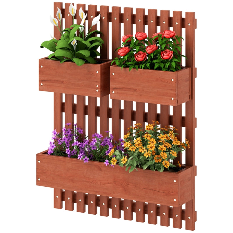 Wall-Mounted Wooden Garden Planters with Trellis - Brown - 3 Planter Boxes with Drainage Holes for Patio - 120cm