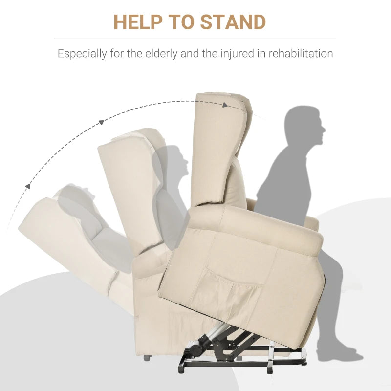 Electric Lift Recliner Armchair for Elderly - Fabric Riser Chair with Remote, Side Pockets, Extended Footrest, Beige