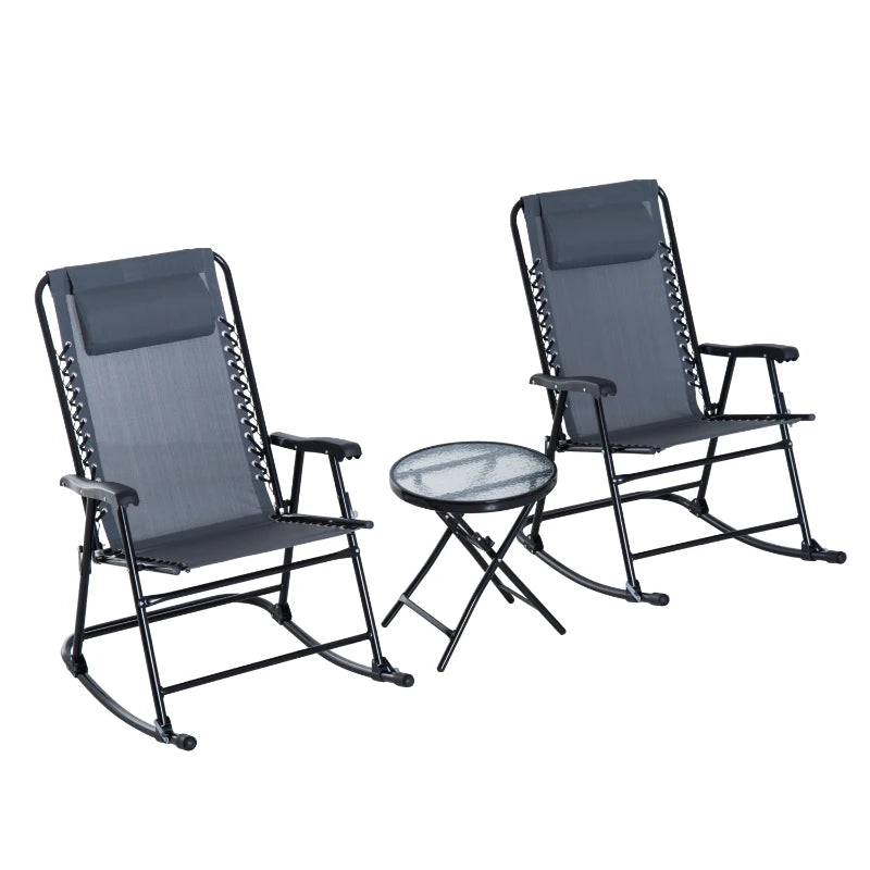 Grey 3-Piece Folding Rocking Chair Set with Glass Table - Outdoor Patio Bistro Set