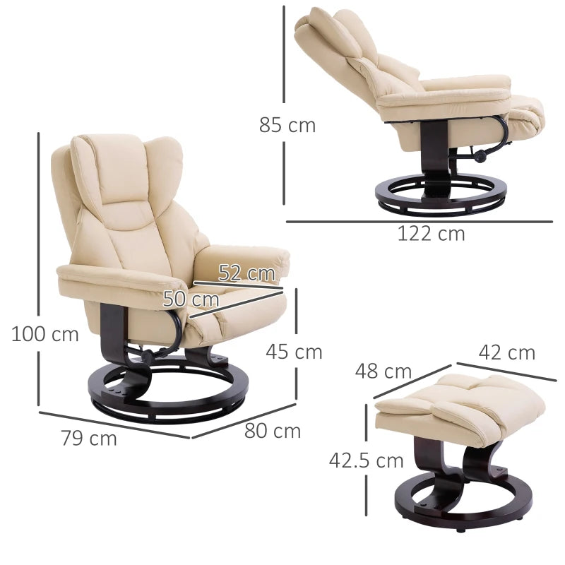 Cream Faux Leather Recliner Chair with Footstool, Swivel Armchair with Adjustable Backrest and Solid Wood Base for Living Room