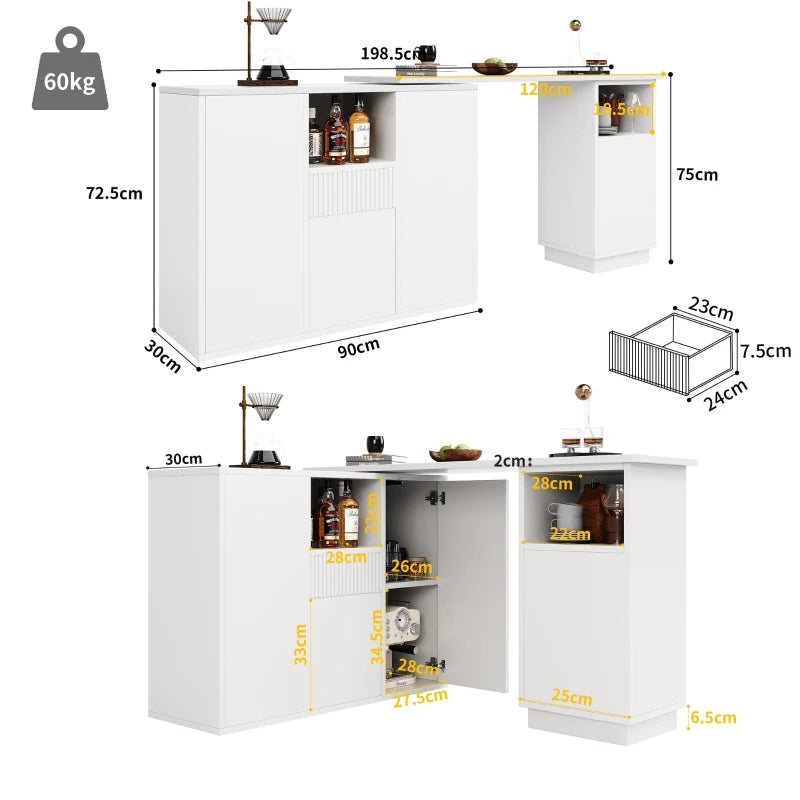 360° Swiveling Bar Table with Marble Top & Open Storage - Stylish Kitchen & Living Room Furniture, 198.5L x 30W x 72.5H cm, White