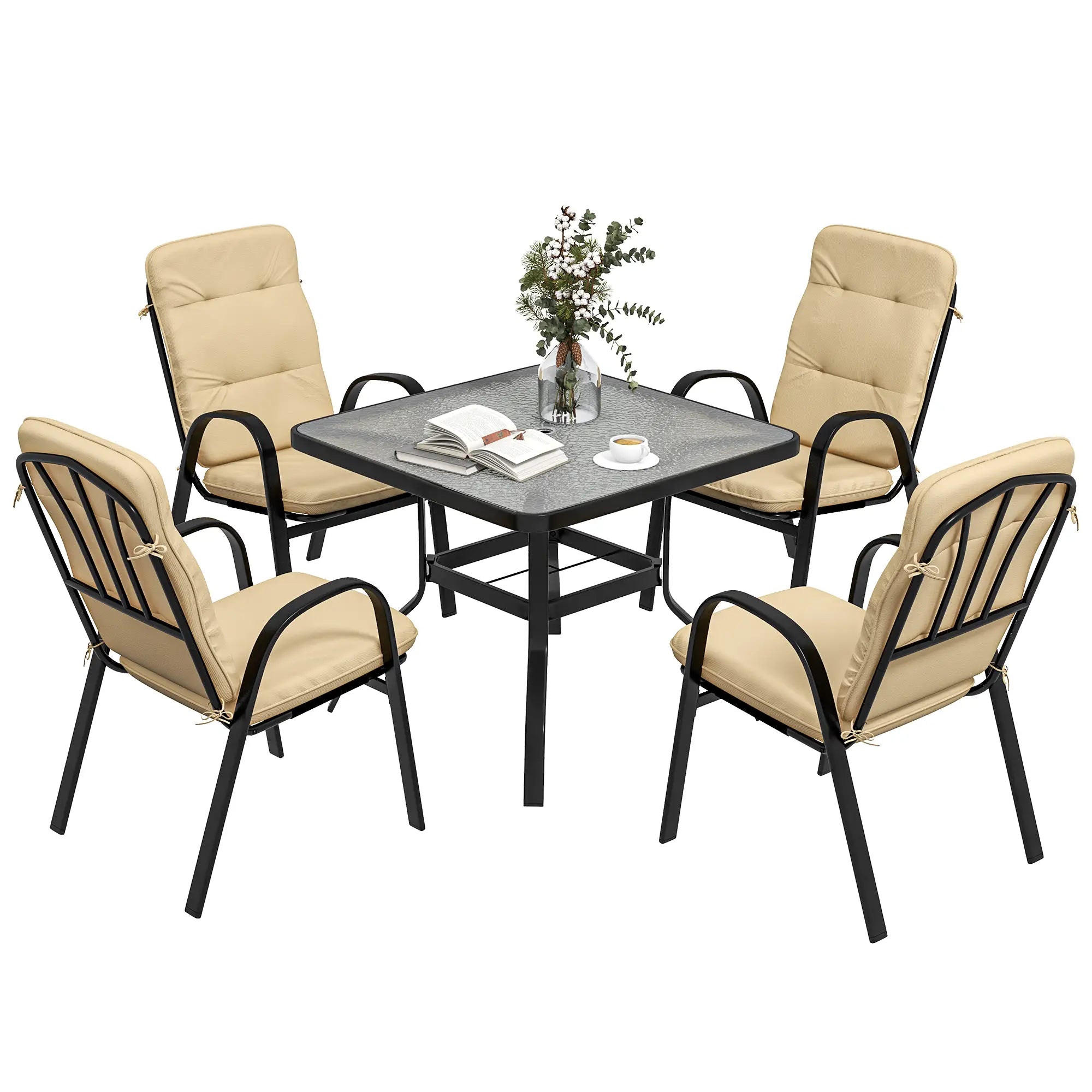 Beige 5-Piece Outdoor Square Garden Dining Set w/ Tempered Glass Dining Table, 4 Cushioned Armchairs & Umbrella Hole
