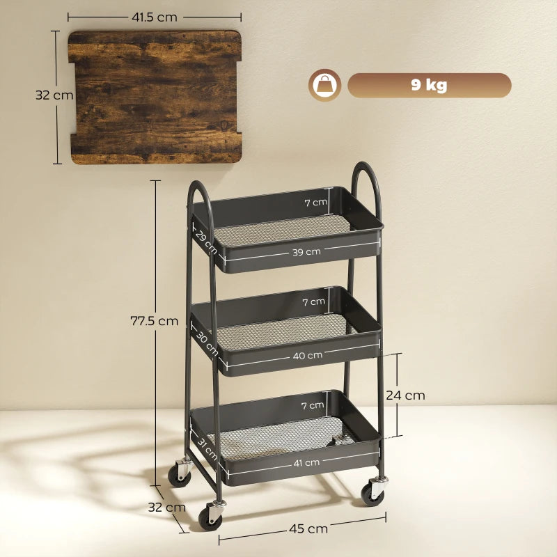 Rustic Brown & Black 3-Tier Kitchen Storage Trolley on Wheels with Cover Top Board - Stylish & Functional