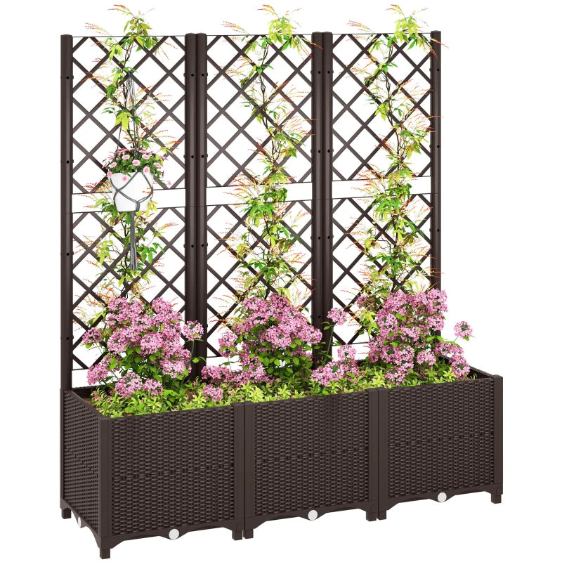 Brown Raised Garden Bed with Trellis - 48" Plastic Planter Box for Climbing Plants, Vegetables, and Flowers with Drainage Holes