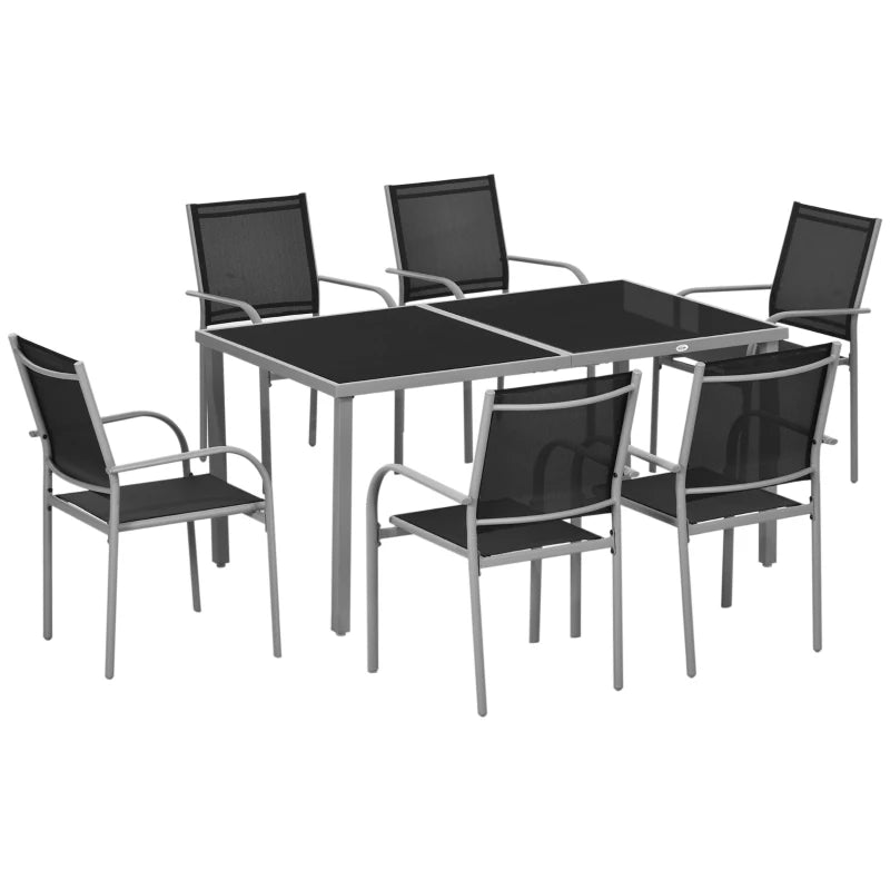 7 Piece Outdoor Garden Dining Set with Table and 6 Stackable Chairs Steel Frame Tempered Glass Top