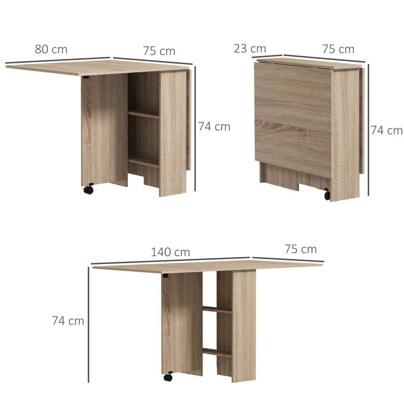 Folding Drop Leaf Dining Table for Small Spaces - 2-Tier Shelves & Rolling Casters - Natural Finish Kitchen Table