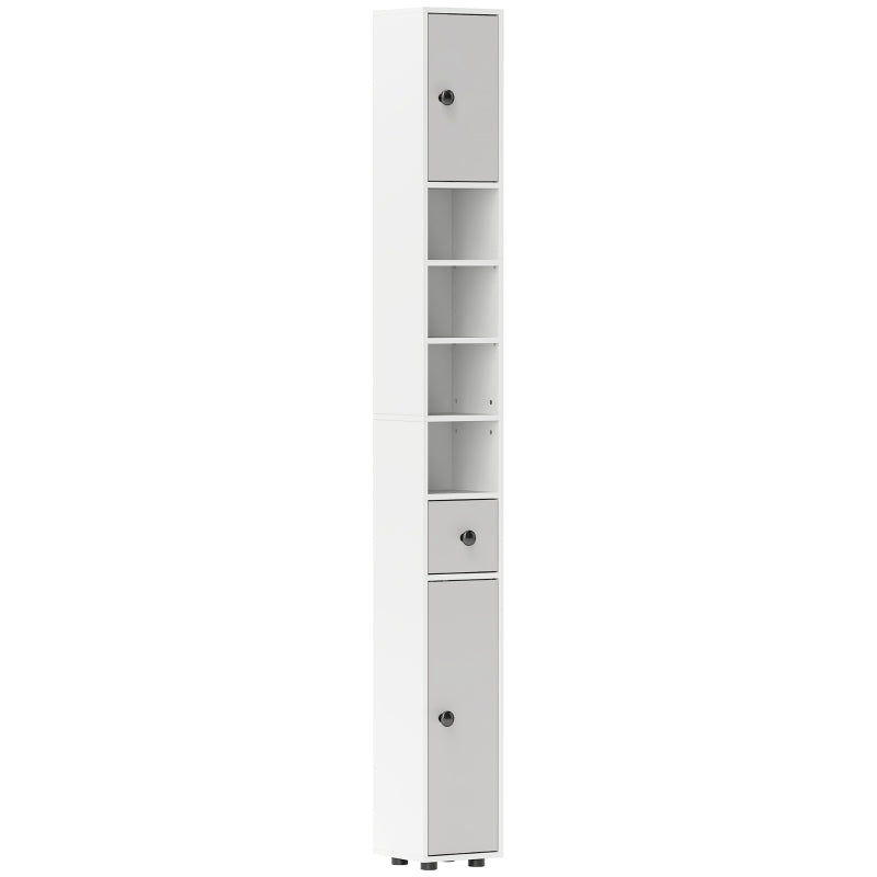 180cm Slim Bathroom Cabinet with Drawer Shelves and Cupboards in Light Grey