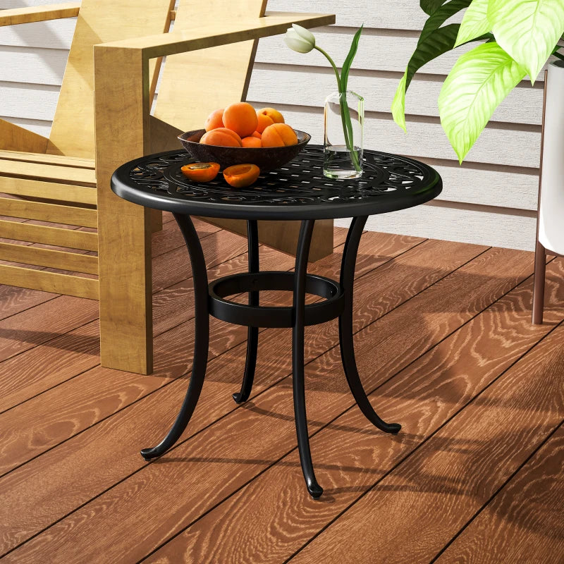 60cm Black Round Garden Table - Outdoor Hollow Top Design Side Table with Cast Aluminium Frame for Patio, Garden, Balcony