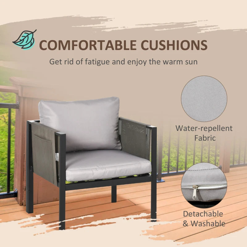 4 Piece Metal Garden Furniture Set with Glass Coffee Table and Cushions for Outdoor Relaxation