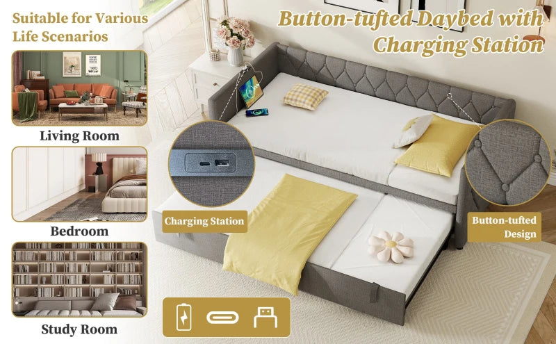 Upholstered Daybed with USB & Type-C Ports, Button-Tufted Trundle Bed for Bedroom & Study, Grey, 206L x 193W x 71H cm