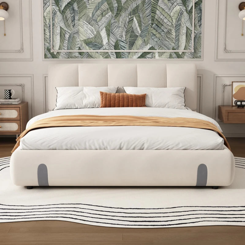 4ft6 Upholstered Double Bed - Velvet Frame with Soft Headboard & Sturdy Slats for Adults & Teens, White, 213x152x89 cm