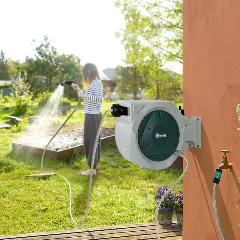 Retractable Wall-Mounted Hose Reel with Spray Nozzle