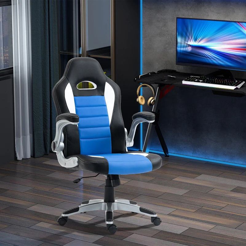 Ergonomic Blue Gaming Chair - PU Leather Office Desk Swivel Chair with Adjustable Height, 90° Flip-up Armrests & Rolling Wheels