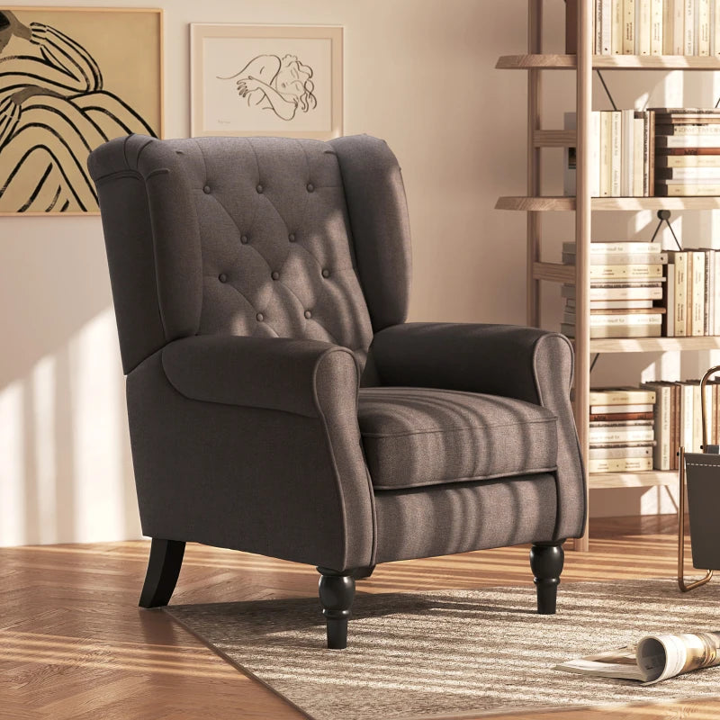 Retro Upholstered Wingback Accent Chair with Button Tufting for Living Room and Bedroom in Brown