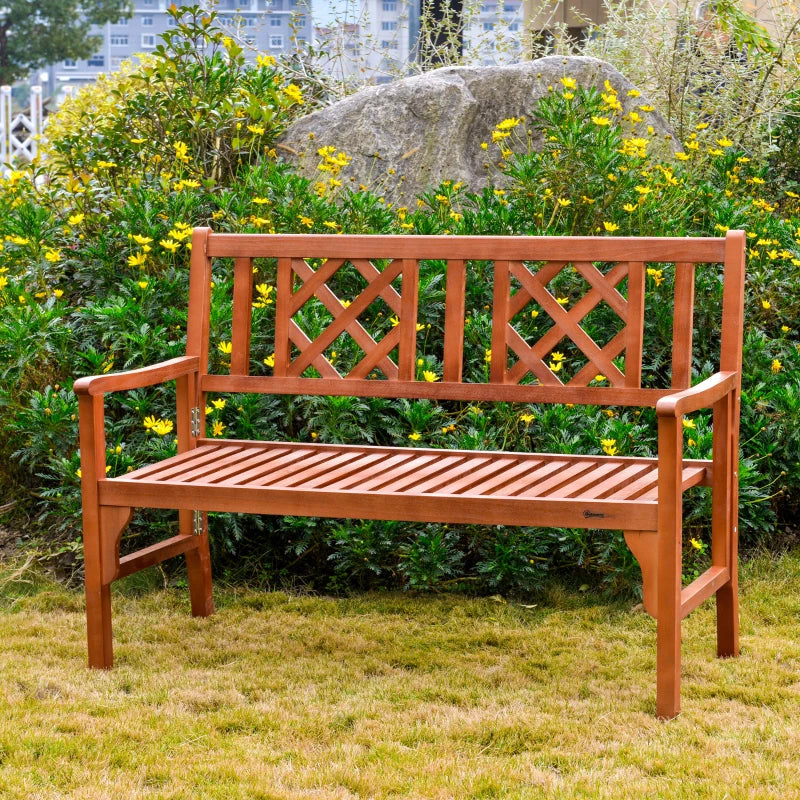 Brown Wooden 2-Seater Foldable Garden Bench with Backrest and Armrest