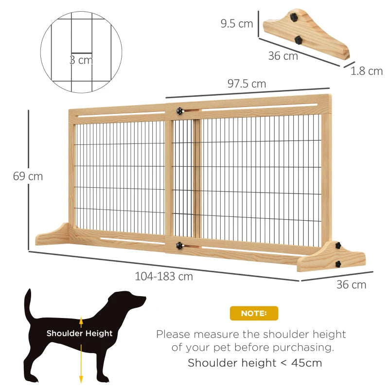 Freestanding Dog Gate - Foldable Indoor Pet Fence, Wooden Barrier for Doorways & Hallways, Adjustable 69H x 104-183 cm