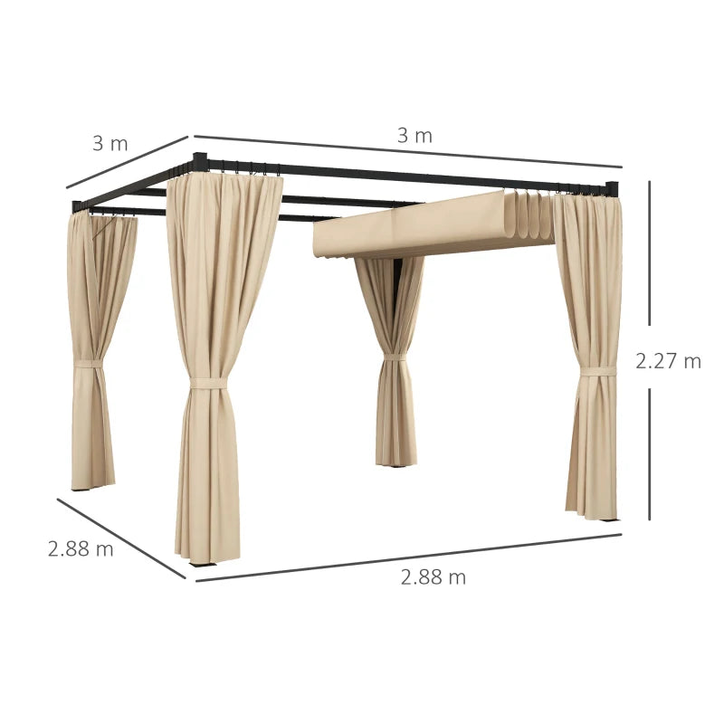 Beige Retractable Garden Pergola with Curtains - 3x3m
