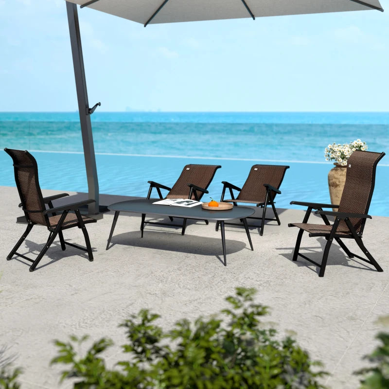 Set of Four Dark Brown Folding Garden Chairs with Seven-Position Adjustable Backs - Outdoor Seating, Space-Saving Design