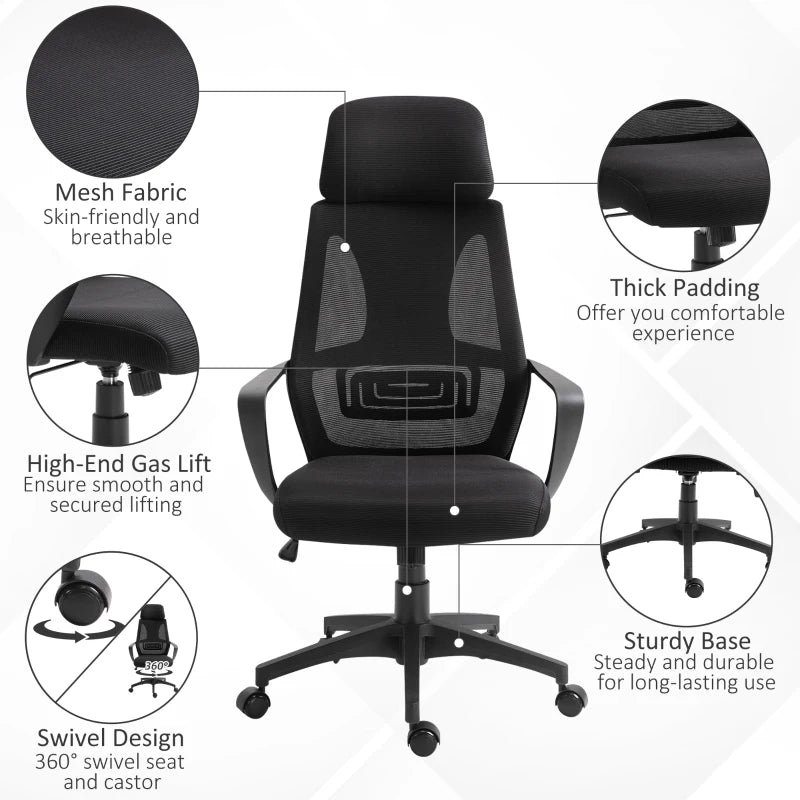 High Back Office Chair with Headrest Adjustable Height Ergonomic Mesh Design for Home and Office Black
