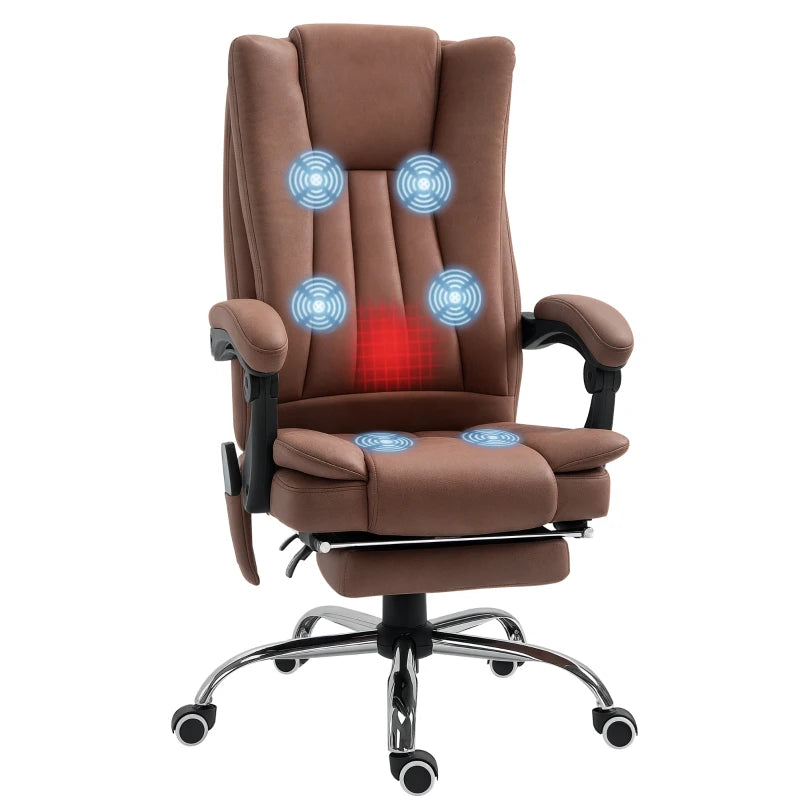 Vinsetto Brown Office Chair with Massage & Heat, Reclining Microfibre Desk Chair with Footrest, Adjustable Height & Swivel Wheels