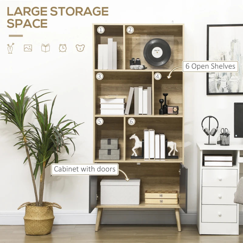 Modern Freestanding Bookcase with Bottom Cabinet & 6 Open Shelves - Stylish Natural & Dark Grey Bookshelf for Home Office & Living Room