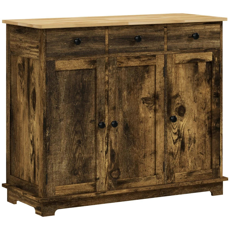 Rustic Brown Sideboard with Rubberwood Top & Adjustable Shelves - Perfect for Dining Room & Kitchen Storage