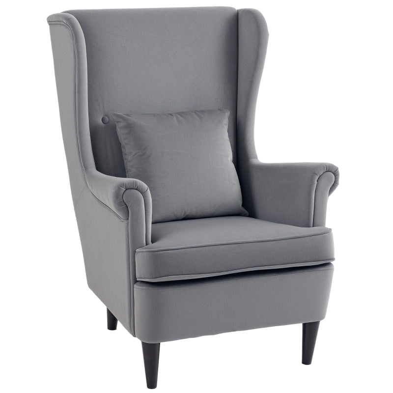 Stylish Upholstered Wingback Armchair with High Backrest and Pillow for Living Room or Bedroom in Dark Grey