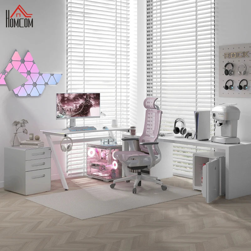 RGB Gaming Desk 120x66cm - Carbon Fibre Computer Table with Headphone Hook, Cup Holder & Controller Rack - White Home Office