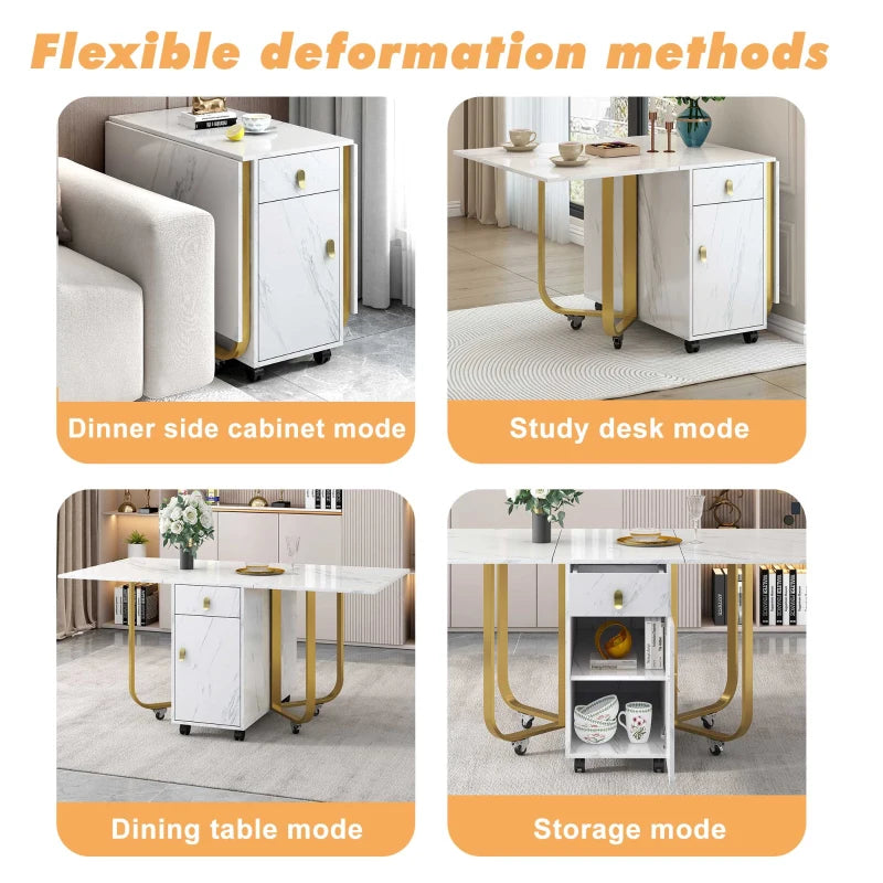 Folding Extendable Dining Table with Cupboard & 2 Drawers - Space-Saving Utility Table on Castors, Adjustable Legs, White/Gold