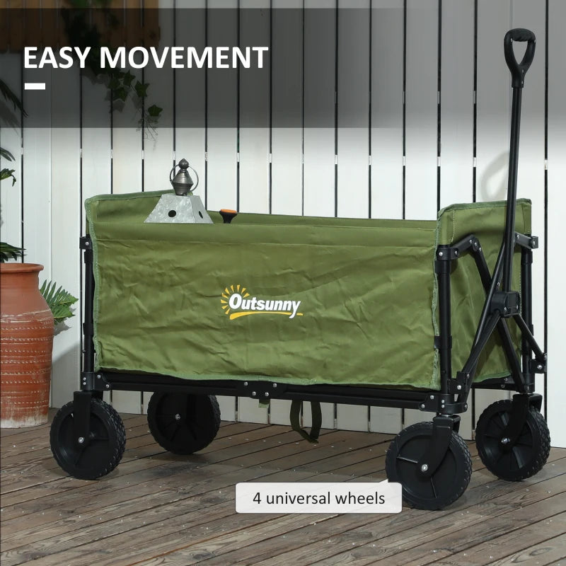 120L Folding Garden Trolley Cart - Green Outdoor Collapsible Wagon with Wheels & Adjustable Handle for Beach, Camping & Festivals