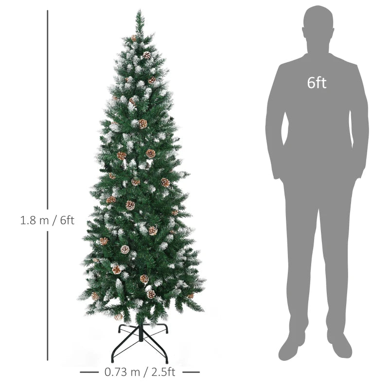 6 Ft Snowy Artificial Christmas Tree with Realistic Branches & Pine Cones - Indoor Holiday Decoration in Green & White