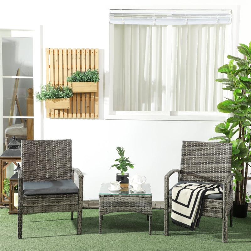 3-Piece Grey Rattan Patio Bistro Set with Cushioned Chairs