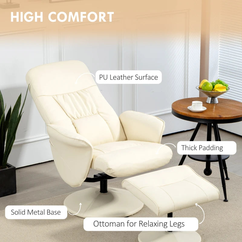Cream White Swivel Recliner Chair with Footstool - PU Leather Armchair and Ottoman for Living Room
