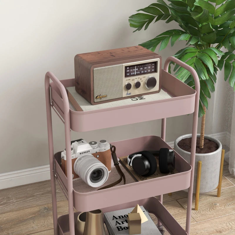 Three Tier Pink Steel Storage Trolley for Kitchen and Home Organization