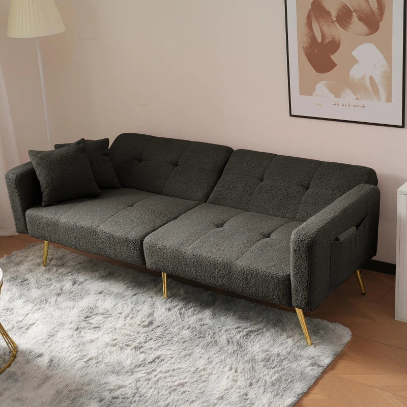 Stylish Modern Loveseat Sofa Bed with Adjustable Backrest, Gold Legs, and Side Storage Pockets in Dark Grey